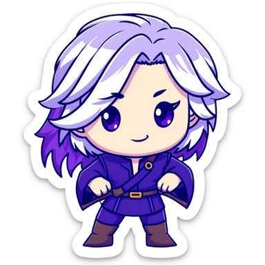 Chibi Sable Ward from Dead by Daylight with long white hair with purple streaks and fully purple eyes, detailed and expressive, cute exaggerated style with large expressive eyes and clear emotion sticker