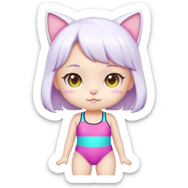 Cute short cat girl character with big head in a colorful swimsuit, kawaii style sticker