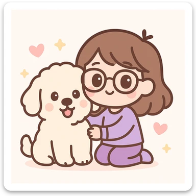 brunette female with glasses in a purple outfit and her large white or cream colored goldendoodle, chibi style sticker