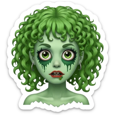 green zombie woman with curly hair, bangs, and a septum piercing. like iPhone emoji sticker