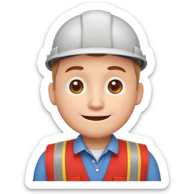 friendly cartoon emoji character with a round head, simple facial features, soft smile, wearing a red vest like a hardware store employee, flat vector emoji style, no text, no brand logos, front-facing sticker
