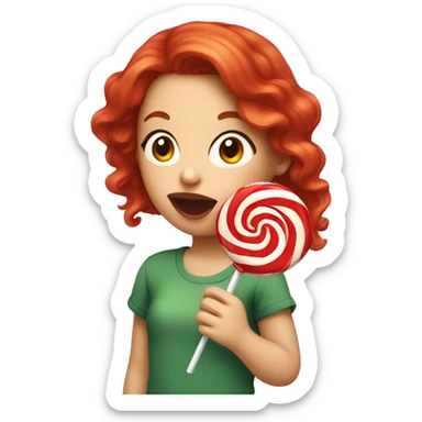 Girl with red hair licking a lollipop sticker