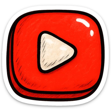 plump, rounded YouTube logo in red, puffy dimensional icon style with bold black outlines, expressive shadows, glossy highlights, soft rounded YouTube play button symbol, no background sticker