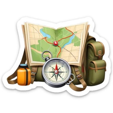 Icon for Expeditions: a compass, a map and a backpack with trekking gear, placed on a rugged mountain terrain with snow-capped peaks. The icon should evoke the spirit of adventure and discovery in remote, unexplored places. Transparent background. sticker