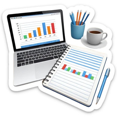 top view of a MacBook and a notebook with a pen nearby, notebook pages filled with handwritten bar charts sticker