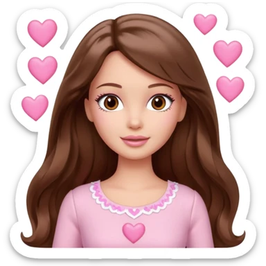 Barbie girl brown long straight wavy hair and brown eyes is In pale pink clothes There are pink hearts all around sticker