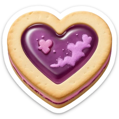 Realistic shortbread cookie in the shape of a heart with mauve jelly middle filling and sprinkled powder sugar on top. sticker