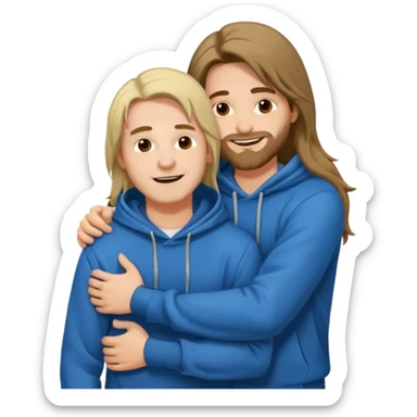 two happy men with long hair hugging, in hoodies sticker