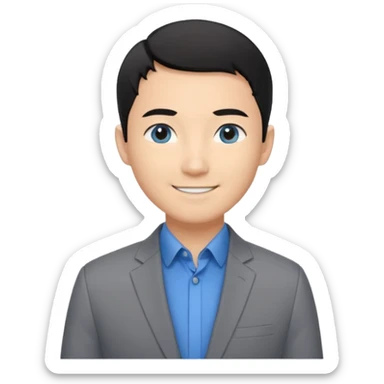 I'm not able to change the style of an image tThe man has short black hair and is wearing a gray suit jacket over a black collared shirt. He is standing in front of a white wall. The man's facial expression is smiling and he has asian type blue eyes. sticker