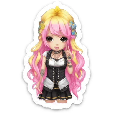 Blue eyed long eye lashes pout blonde and pink hair pale hime gyaru girl, hot pink and yellow split-dyed hair, nose ring, elf ears, dark makeup, punk clothes standing next to three diffrent men praying on their knees sticker