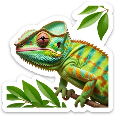cinematic giant-tongue out chameleon-realistic emoji, mouth wide open with tongue out, -blending-with-vibrant-greenery.-detailed-scales-in-shifting-colors,-showing-the-chameleon’s-ability-to-camouflage.-soft-natural-light-highlights-its-texture.-light-background, zoomed into its face sticker