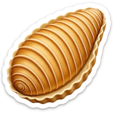 A madeleine pastry. Oval seashell shape with ONLY four to five vertical lines going in the same direction. Light golden brown. Scalloped edge. Cookie. Flat. Long. Oval shape. Lets scallops. Only four or five scalloped lines sticker