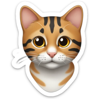 Tabby cat with asymmetrical face white stripe up nose, orange chin, gray with black stripes sticker