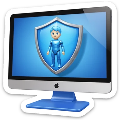 a computer screen with a shield and a child's figurine sticker