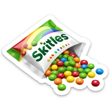 A Skittles candy package opened from the top with green candies spilling out. Minimalist design with rainbow packaging. sticker
