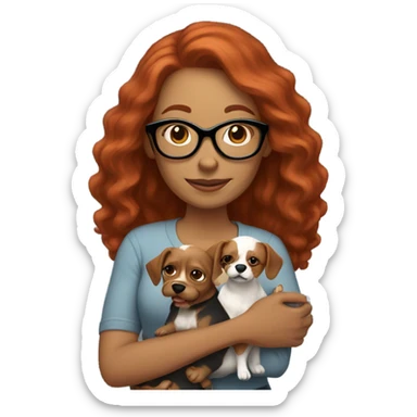 Mom with long red hair light skin wearing glasses holding to small dogs sticker