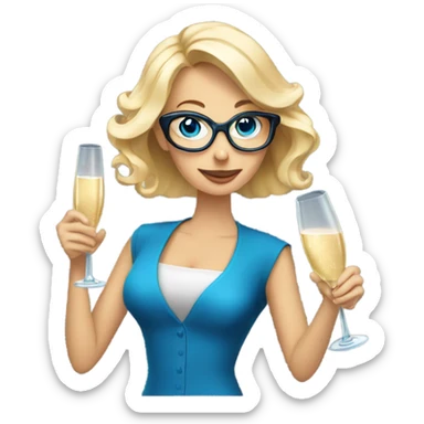 À blonde woman with blue eyes wearing glasses opening a bottle of champagne sticker