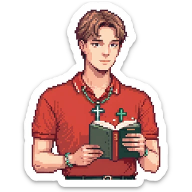 head-to-toe man with red polo shirt, cross necklace, tidy haircut, holding a book, simple background sticker