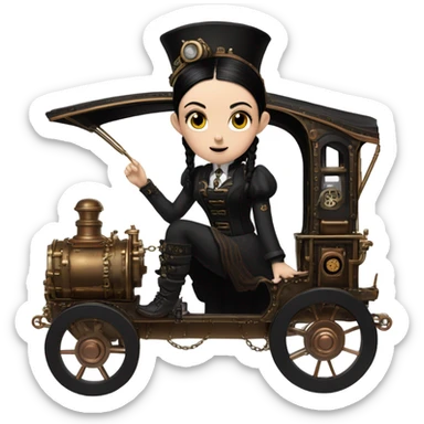 Wednesday Addams driving a steampunk electric wagon sticker