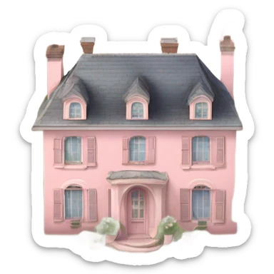 pastel pink 19th century house surrounded by amazing french style garden with rose bushes and apple tree orchards and water fountains sticker