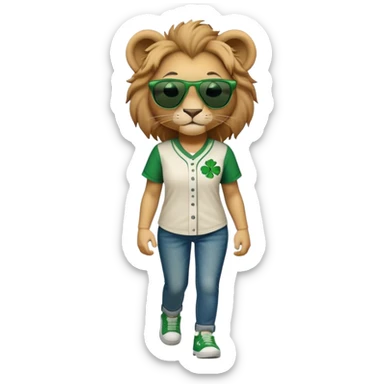 confident anthropomorphised female lion wearing baseball shirt and jeans with shamrock and green accents, dark sunglasses, walking upright, looking self-assured sticker