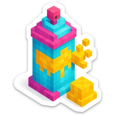 voxel style spray paint can with gold paint, cap off, isometric view sticker