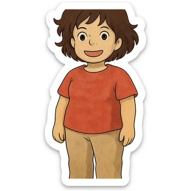 character with dark brown wavy hair, big brown eyes, small nose, big pink mouth, medium weight, medium height sticker