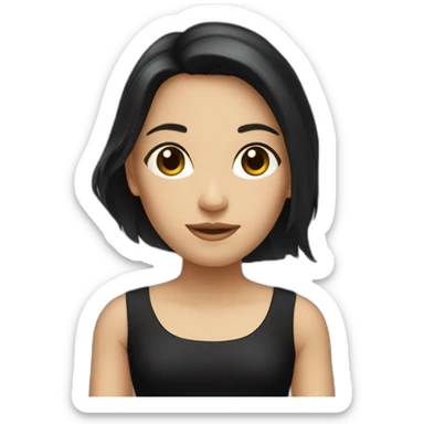 The girl has long and black hair, and her skin is white, wearing a matching black dress sticker