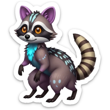 Rare warm-colored exotic edgy epic aesthetic gloomy spooky dark modern colorful cyber-Genet-Trico-Raccoon-Dingo-Civet-species-Fakemon-hybrid-creature, with beautiful intricate markings, full body sticker