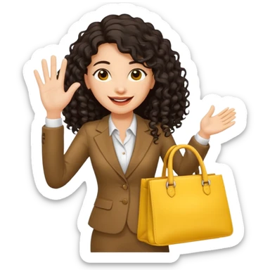 medium deep tan brown business woman with long black curly hair, waving hand with happy face with smile mouth and carrying yellow bag on her shoulder sticker