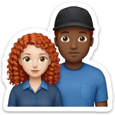 a couple a white woman with red curly hair and a black man in a blue shirt and black cap sticker