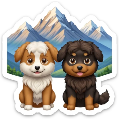 two dogs with wavy hair, one black and one brown with mountains sticker
