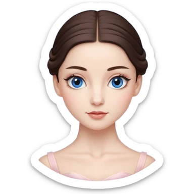 Realistic Ballerina Portrait, with porcelain-like skin featuring a natural rosy flush, illuminated by soft lighting that highlights the gentle contours of her face. Her Brunette hair flows in soft.Her deep blue eyes radiate framed by arched brows and long lashes. sticker