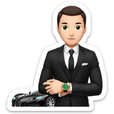 mysterious scenery: green audemars piguet watch (without text), black bugatti, and a dark green dragon, and a mysterious agent from The Matrix with his eyes censored sticker