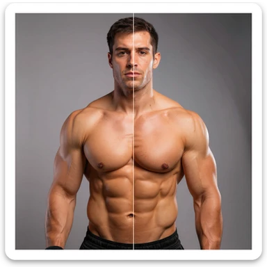 Realistic style image of a shirtless male bodybuilder, half body bulk (mass), half body cut (extreme definition), visible veins. Different expressions: serious, doubtful, satisfied. Neutral background. sticker