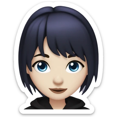 girl, pale skin, blue eyes, long dark purple hair, bangs, black clothes, eyeliner sticker