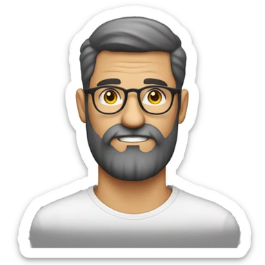 hombre blanco con pelo atado, lentes circulares y barba, vestido con remera oversize sticker