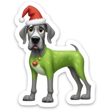 Grey great dane wearing a the grinch costume sticker