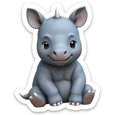 cinematic-baby rhino-full-body-sitting-emoji,white horn, slate grey/blue skin -massive-body-poised-powerfully,-thick-horn-curving-slightly-forward,-head-tilted-dramatically,-rough-grey-hide-covered-in-dust,-simplified-focused-features, large cute black eyes sticker