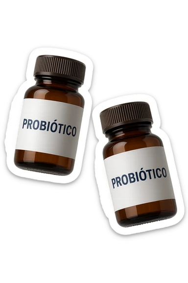 due boccette di integratori con la scritta "PROBIOTICO" SULL'ETICHETTA, FLUTTUANO IN ARIA, realistica 4k sticker