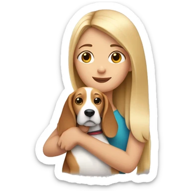 Girl with long light hair hugging a beagle sticker
