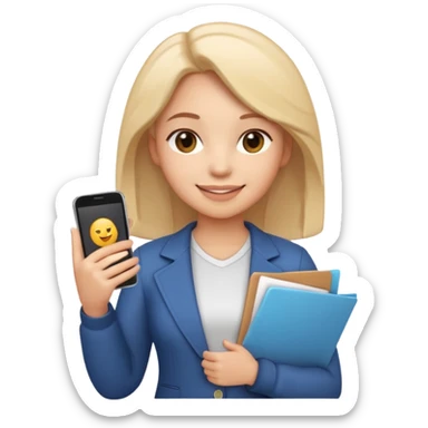3D emoji style sticker, confident young woman, white background, smiling, standing upright, holding a smartphone and a document, relaxed and proud expression, student success vibe, soft lighting, minimalistic, clean astrology emoji style sticker