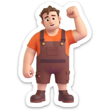 Wreck-It Ralph man with short messy hair, brown overalls, boxy figure with big arms sticker
