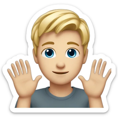 young blond man with gray-blue eyes makes a heart with his hands sticker