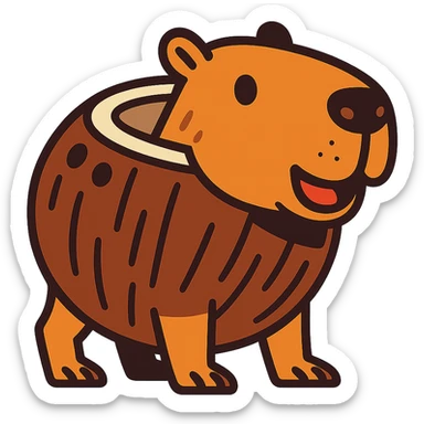 playful and cartoonish capybara with a coconut shell as its body sticker
