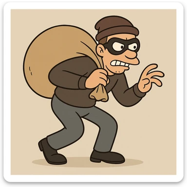 a thief character, cartoon style, holding a sack of loot, exaggerated sneaky pose sticker