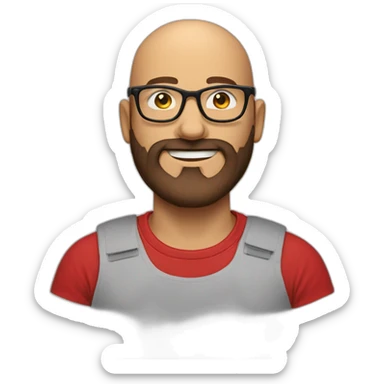 Bald man smiling with glasses and big bushy brown beard with. Wearing red t shirt sticker