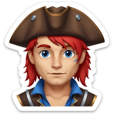 flirting french pirate with a chin dimple blue eyes and hair that fades from red to brown and a wolfcut hairstyle sticker