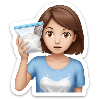 Brown hair Girl shrugging holding a clear plastic bag with white powder sticker