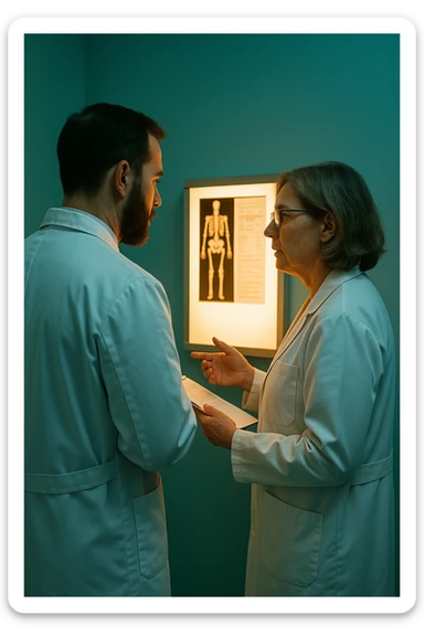 Realistic, detailed photo taken from behind of two doctors—a bearded man and a middle-aged woman—standing and facing each other as they discuss a diagnosis in front of a medical chart. The scene is illuminated by a yellowish, orange, warm light that softly envelops the doctors. The entire room is bathed in a single green-blue color, creating a cohesive and modern atmosphere. Both doctors wear white coats, and their body language suggests a serious, professional conversation. Shot with a Canon EOS R5, with high detail and natural depth of field. sticker